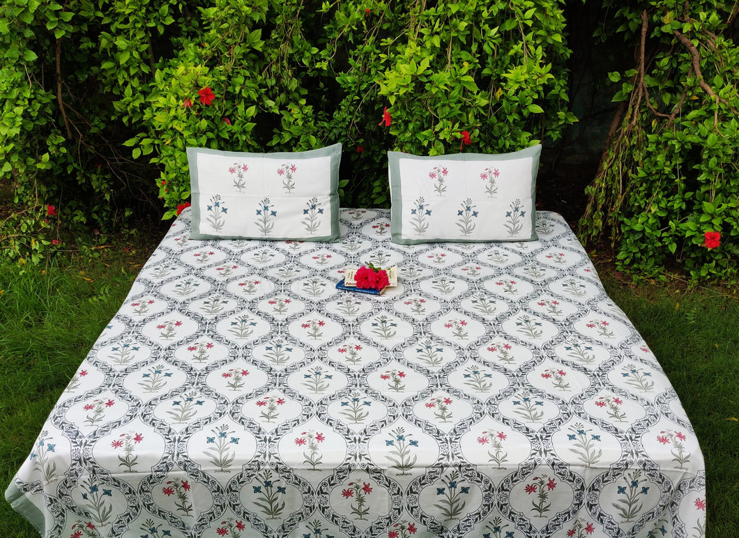 Hand block printed Bedsheet Set with 2 Pillow Covers - ENGLISH GARDEN
